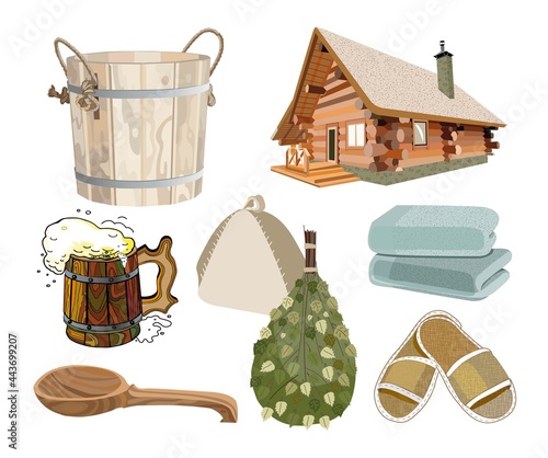 bath house towel tub slippers broom beer