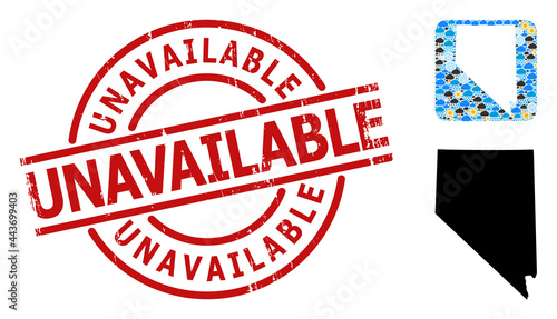 Climate collage map of Nevada State, and distress red round Unavailable seal. Geographic vector collage map of Nevada State is composed as subtraction from rounded square and scattered rain, cloud,
