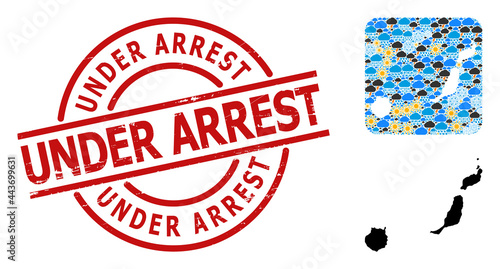 Climate mosaic map of Las Palmas Province, and distress red round Under Arrest stamp seal. Geographic vector mosaic map of Las Palmas Province is done as stencil from rounded square and random rain,