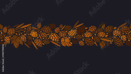 Seamless pattern. Branch of hop, seed, gold barley