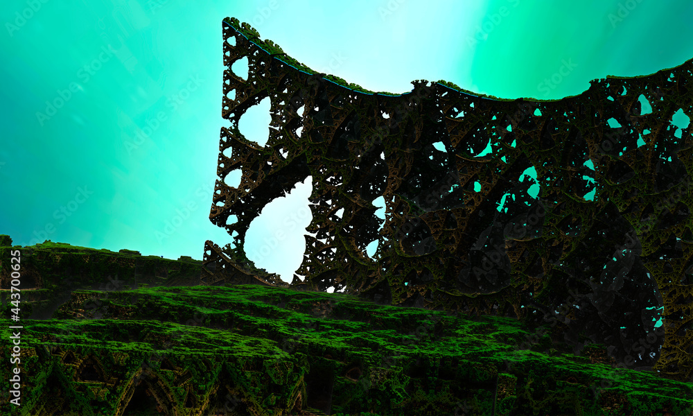 Naklejka premium A strange world with intersecting porous metal columns against a background of green fog. 3D Rendering