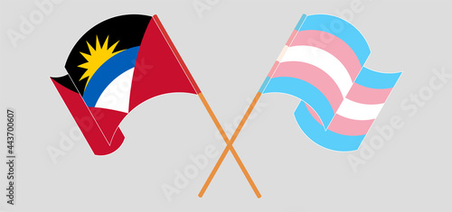Crossed and waving flags of Antigua and Barbuda and Transgender Pride