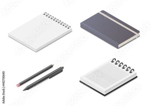Notepad notebook set. Colored isometric vector illustration. Isolated on white background.