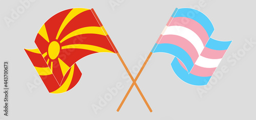 Crossed and waving flags of North Macedonia and Transgender Pride
