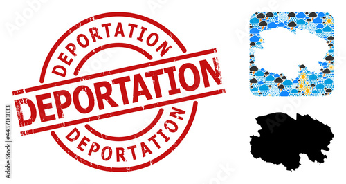 Climate mosaic map of Qinghai Province, and scratched red round Deportation stamp. Geographic vector mosaic map of Qinghai Province is constructed as hole from rounded square and random rain, cloud,