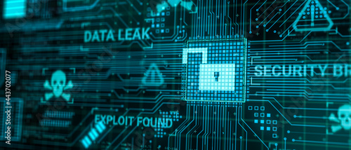 Hacker attack computer hardware microchip while process data through internet network, 3d rendering insecure Cyber Security exploit database breach concept, virus malware unlock warning screen