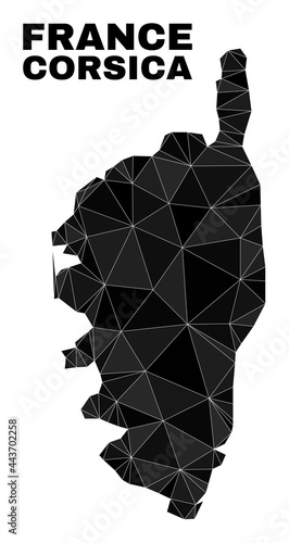 Low-poly Corsica map. Polygonal Corsica map vector is designed with chaotic triangles. Triangulated Corsica map polygonal collage for education posters.