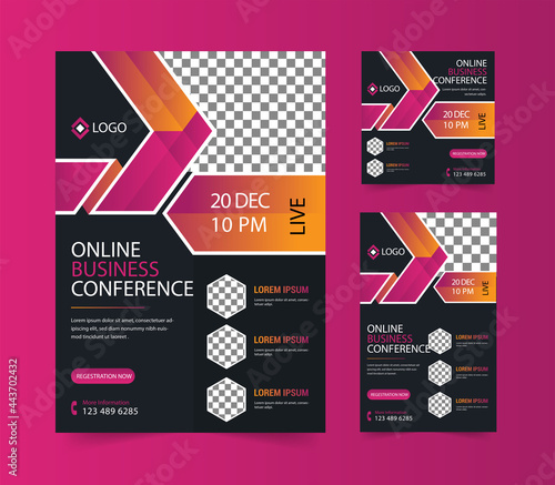 Online Business Conference lives webinar invitation template set. Live stream invitation banner social media post.