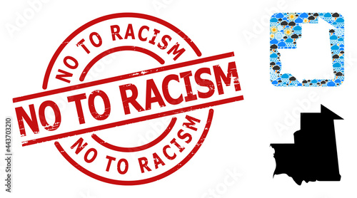Climate collage map of Mauritania, and grunge red round No to Racism seal. Geographic vector concept map of Mauritania is designed as stencil from rounded square and random rain, cloud, sun,