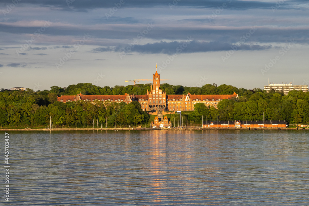 The historic building of Marine School in Flensburg at sunset. Schleswig-Holstein in Germany