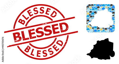 Weather mosaic map of Vatican, and rubber red round Blessed badge. Geographic vector mosaic map of Vatican is composed as stencil from rounded square and scattered rain, cloud, sun, thunderstorm.