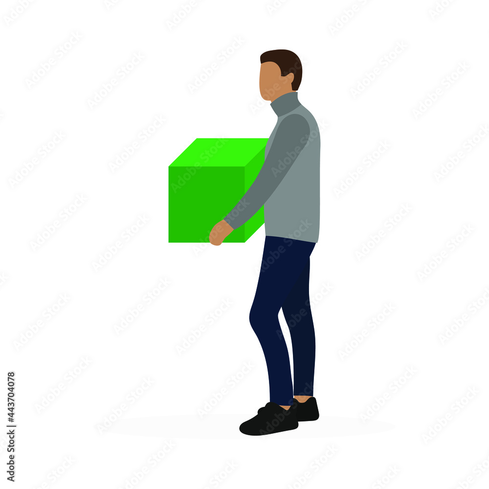 Male character with a large green cube in his hands stands on a white background Male character with a large green cube in his hands stands on a white background