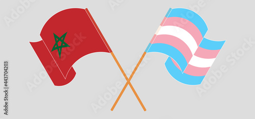 Crossed and waving flags of Morocco and Transgender Pride