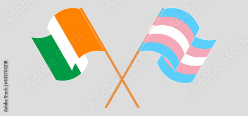 Crossed and waving flags of Republic of Ivory Coast and Transgender Pride