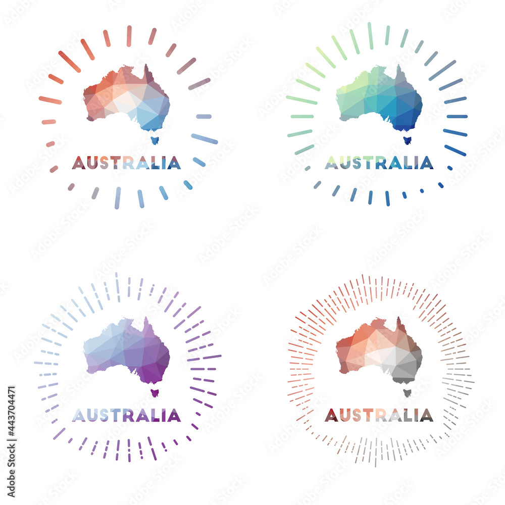 Australia low poly sunburst set. Logo of country in geometric polygonal style. Vector illustration.