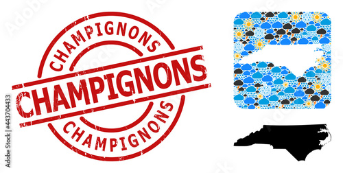 Weather mosaic map of North Carolina State, and textured red round Champignons stamp seal.