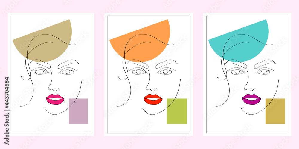 Set of Woman's Face continuous Line art. Abstract Contemporary collage of geometric shapes in a modern trendy style. Vector Portrait of a female. For Beauty Concept, t-Shirt Print, postcard, poster