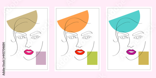 Set of Woman's Face continuous Line art. Abstract Contemporary collage of geometric shapes in a modern trendy style. Vector Portrait of a female. For Beauty Concept, t-Shirt Print, postcard, poster © AngelARTdesign