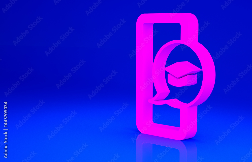 Pink Graduation cap on screen smartphone icon isolated on blue background. Online learning or e-learning concept. Minimalism concept. 3d illustration 3D render Pink Graduation cap on screen smartphone icon isolated on blue background. Online learning or e-learning concept. Minimalism concept. 3d illustration 3D render