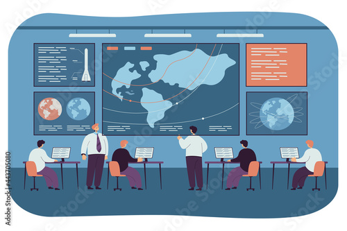 Spacecraft command and control center. Flat vector illustration. People launching space ship, surveillance satellites, cosmic mission. Space, control, rocket engineering concept for banner design