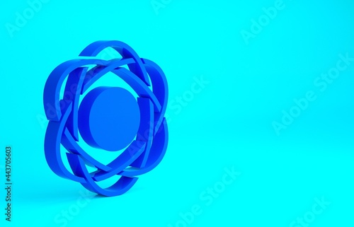 Blue Atom icon isolated on blue background. Symbol of science, education, nuclear physics, scientific research. Minimalism concept. 3d illustration 3D render