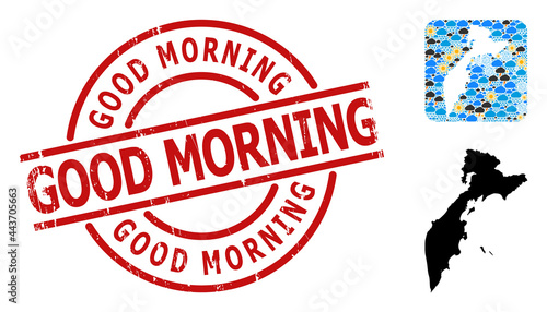 Weather mosaic map of Kamchatka Peninsula, and scratched red round Good Morning seal. Geographic vector concept map of Kamchatka Peninsula is combined as hole from rounded square and random rain,