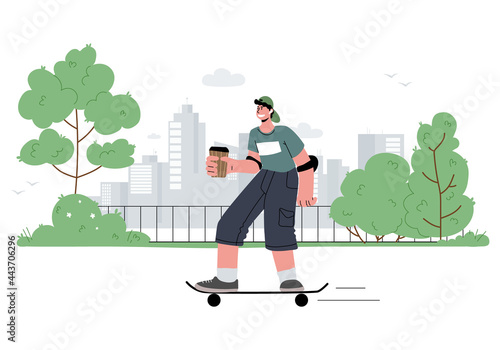 Young male teen with headphones riding a skateboard in the park,listening to music,podcasts,summer.Vector illustration.