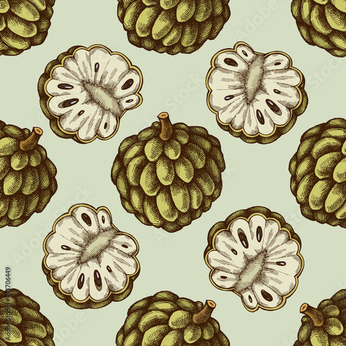 Seamless pattern with hand drawn colored sugar-apple