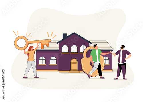 Buying a house, house keys, protection and security, real estate and turnkey rental, vector illustration.