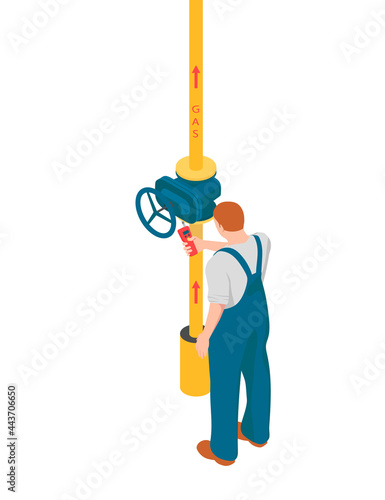 A man is checking gas pipeline in isometric. Redhead man is using a gas analyzer to find leaks on a white background. 