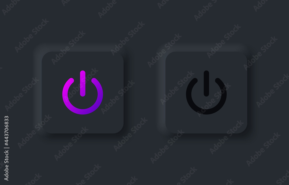 Square power buttons on and off in modern neumorphic trend style. UI, UX set for mobile app. Dark mode. Graphic elements in skeuomorph design. Vector illustration Square power buttons on and off in modern neumorphic trend style. UI, UX set for mobile app. Dark mode. Graphic elements in skeuomorph design. Vector illustration