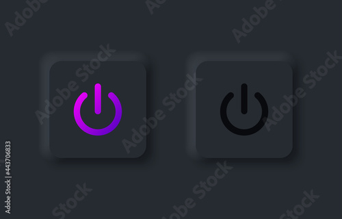 Square power buttons on and off in modern neumorphic trend style. UI, UX set for mobile app. Dark mode. Graphic elements in skeuomorph design. Vector illustration
