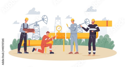 Vector cartoon flat industrial worker characters at petroleum production work.Oil workers building new pipeline-petroleum exploration,extraction,refining,web online site banner ad concept