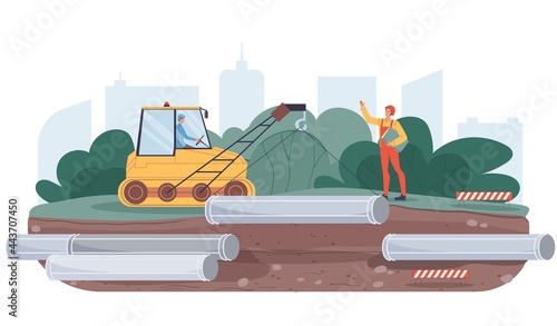 Vector cartoon flat industrial worker characters at pipeline construction work.Engineer workers building new pipeline-oil and gas transportation,web online site banner ad concept