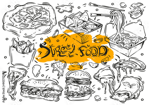 Hand drawn vector line illustration on white background. Doodle collection street food menu: burger, sandwich, noodles, pizza, nachos, potato wedges, calzone, sauce