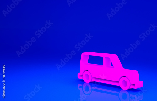 Pink Hearse car icon isolated on blue background. Minimalism concept. 3d illustration 3D render