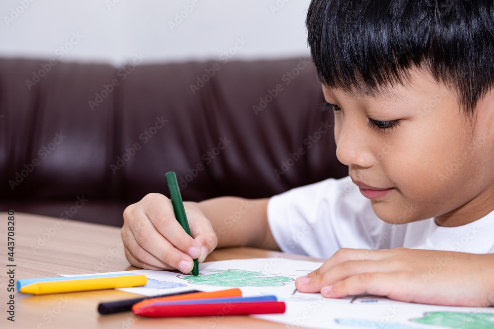 A little Asian boy is happily drawing a house with crayons is a beautiful imagination painting. A little child is engaged in creativity, the child does his homework. A little Asian boy is happily drawing a house with crayons is a beautiful imagination painting. A little child is engaged in creativity, the child does his homework.