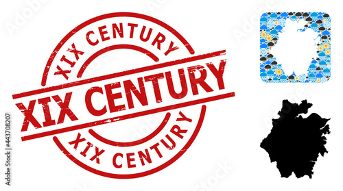 Weather mosaic map of Zhejiang Province, and textured red round XIX Century badge.