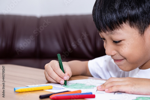 A little Asian boy is happily drawing a house with crayons is a beautiful imagination painting. A little child is engaged in creativity, the child does his homework.