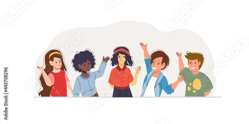 Set of cartoon flat kids characters happy greetings - various poses, social communication and friendship concept