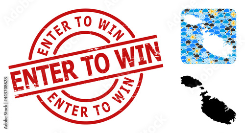 Climate mosaic map of Malta, and scratched red round Enter to Win stamp. Geographic vector collage map of Malta is constructed as carved shape from rounded square and random rain, cloud, sun,