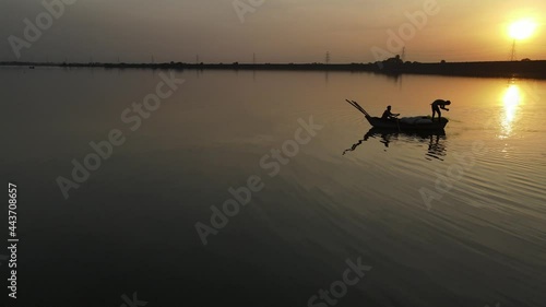 Fishing Boat with Large Catch Fish Swirling Flock Gulls Aerial View