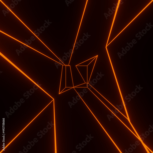 Render with glowing orange neon lines on black background