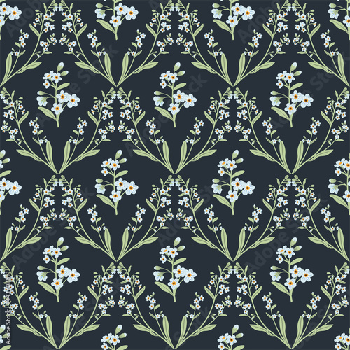 Cute blue branch of forget-me-not flower seamless pattern. Delicate summer herb texture. Vector background for paper, cover, fabric, interior decor.