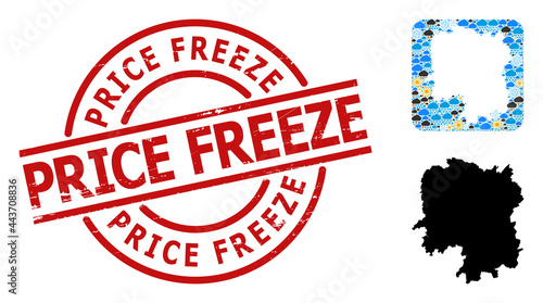 Weather collage map of Hunan Province, and grunge red round Price Freeze stamp. Geographic vector collage map of Hunan Province is combined as hole from rounded square and randomized rain, cloud, sun,