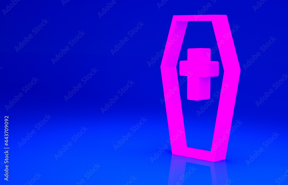 Pink Coffin with christian cross icon isolated on blue background. Happy Halloween party. Minimalism concept. 3d illustration 3D render Pink Coffin with christian cross icon isolated on blue background. Happy Halloween party. Minimalism concept. 3d illustration 3D render