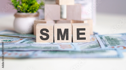 sme concept with wooden blocks and banknote, symbols, signs, business office photo