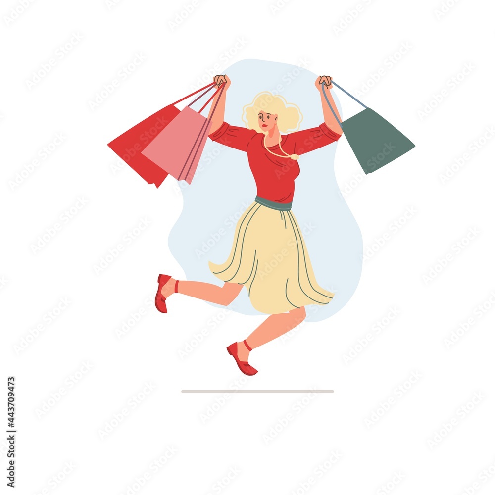 Vector flat cartoon character on shopping sale - discounts,sales,fashion,emotions,lifestyle,social concept Vector flat cartoon character on shopping sale - discounts,sales,fashion,emotions,lifestyle,social concept