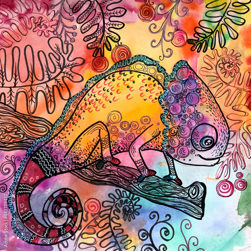 Rainbow chameleon. Bright stylish chameleon pattern.