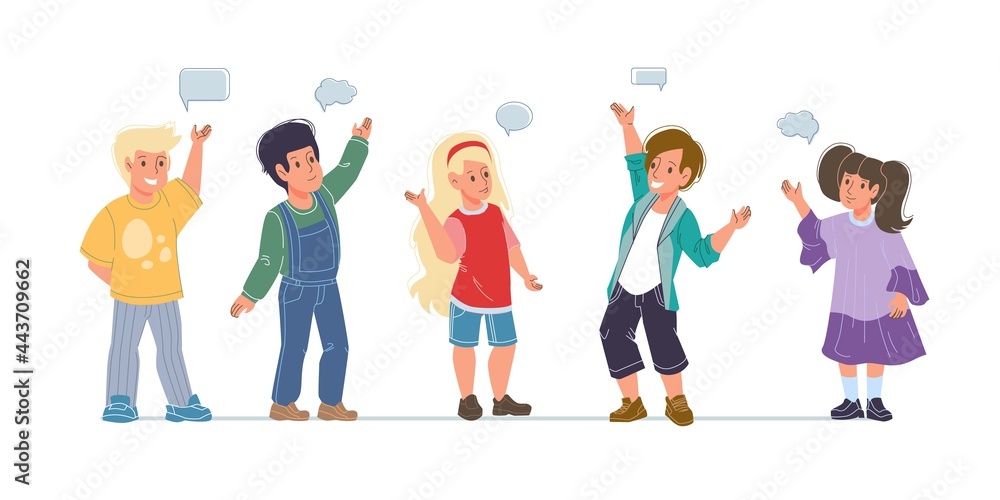 Set of cartoon flat kids characters happy greetings with speech bubbles - various poses, social communication concept